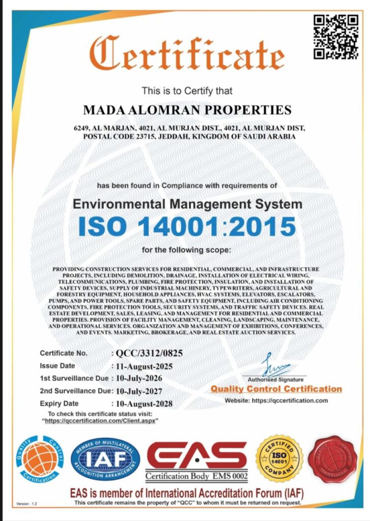 شهادة نشهد بأن شركة مدى العمران العقارية 6249، المرجان، 4021، حي المرجان، الرمز البريدي 23715، جدة، المملكة العربية السعودية قد وُجدت متوافقة مع متطلبات نظام الإدارة البيئية ISO 14001:2015 للنطاق التالي: تقديم خدمات البناء للمشاريع السكنية والتجارية ومشاريع البنية التحتية، بما في ذلك الهدم والصرف الصحي وتركيب الأسلاك الكهربائية والاتصالات والسباكة والحماية من الحرائق والعزل وتركيب أجهزة السلامة، وتوريد الآلات الصناعية والآلات الكاتبة والمعدات الزراعية والحرجية والأجهزة المنزلية وأنظمة التدفئة والتهوية وتكييف الهواء والمصاعد والسلالم المتحركة والمضخات والأدوات الكهربائية وقطع الغيار ومعدات السلامة، بما في ذلك مكونات تكييف الهواء وأدوات الحماية من الحرائق وأنظمة الأمن وأجهزة السلامة المرورية، وتطوير العقارات، والبيع، والتأجير، وإدارة العقارات السكنية والتجارية. وتوفير خدمات إدارة المرافق، والتنظيف، وتنسيق الحدائق، والصيانة، والخدمات التشغيلية، وتنظيم وإدارة المعارض والمؤتمرات والفعاليات. وخدمات التسويق والوساطة والمزادات العقارية. رقم الشهادة: QCC/3312/0825 تاريخ الإصدار: 11 أغسطس 2025 تاريخ استحقاق
